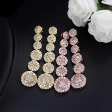 Long Rose Gold Plated Round Dangle Drop Earrings Women CZ Zircon Wedding Jewelry