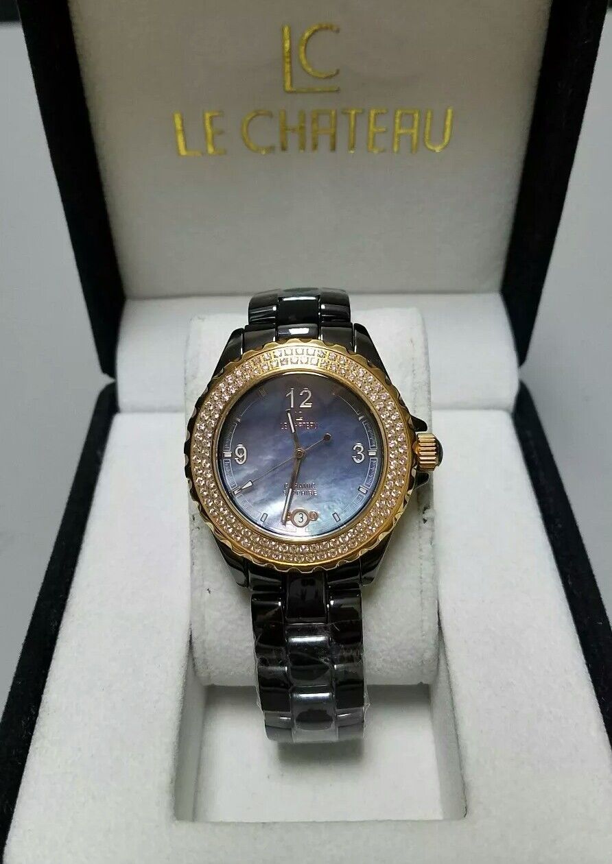 LC Le Chateau 5808 Gunmetal Ceramic Mother Of Pearl Diamond Bezel Watch 