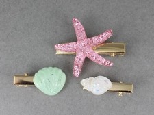 set 3 Starfish sea Shell gold barrettes clip hair accessory pink green white
