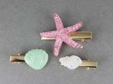 set 3 Starfish sea Shell gold barrettes clip hair accessory pink green white 