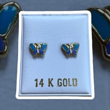 14K blue butterfly enameled children earring