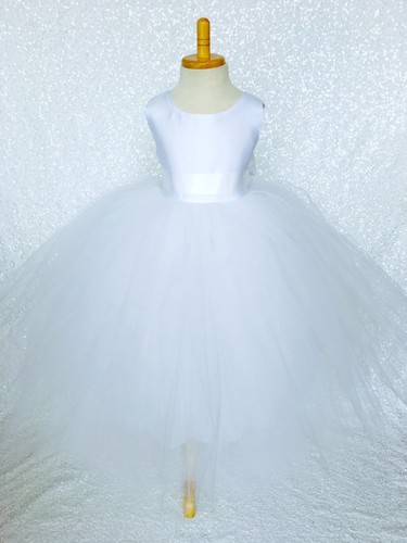 White Satin 4 Layer Tulle Flower Girl Junior Newborn Gown Wedding Communion 2 4 - Picture 32 of 32