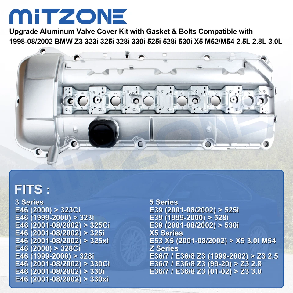 ALUMINUM Valve Cover w/ Gasket for 98-02 BMW E39 525i 528i E46 325i 328i 330i X5 - Image 3 of 4