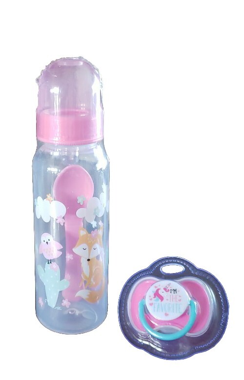 PLASTIC BABY BOTTLE WITH SPOON AND PACIFIER-NEW IN SEALED PA