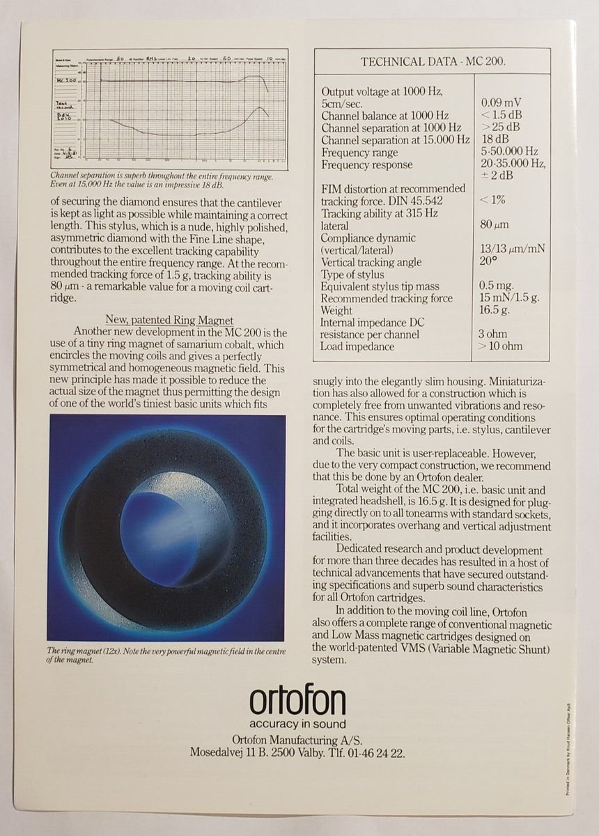 Original Ortofon MC-200 Moving Coil Cartridge Brochure Printed in