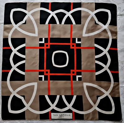 VINTAGE AUTHENTIC TED LAPIDUS PARIS PLAID ART BLACK BEIGE SILK 31'' SQUARE SCARF