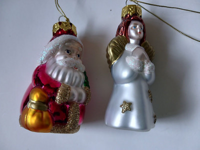 VTG Beautiful small glass Santa and angel ornaments 3 inches handpainted