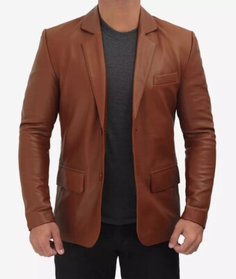 Men's New Stylish Design Two Button Real Lambskin Cognac Leather Blazer