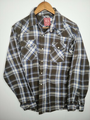 Wrangler Jeans Co RED Mens Long Sleeve Pearl Snap Plaid Size M Brown Blue Tan
