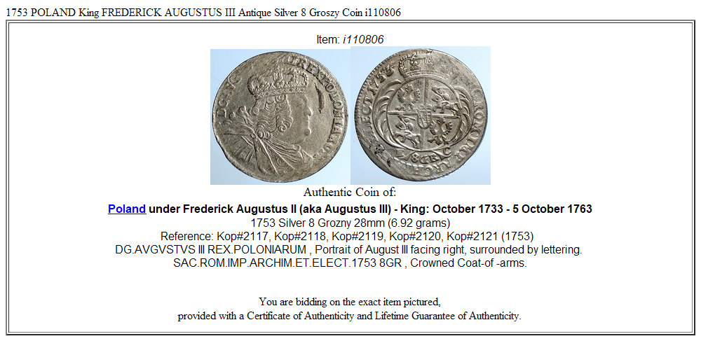 1753 POLAND King FREDERICK AUGUSTUS III Antique Silver 8 Groszy