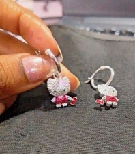 Latest 2ct Round Cut Lab Created Diamond Hello Kitty Dangled Earring 925 Silver