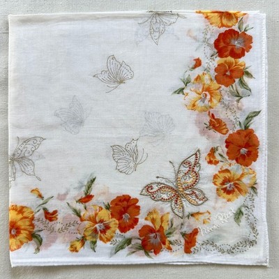 VTG Handkerchief Cotton Hibiscus Flower Butterfly Border Embroidered Hanky 17''~P