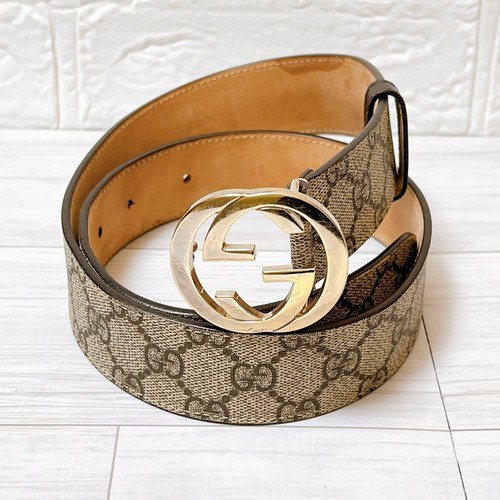 Gucci Belt Authentic GG Supreme Interlocking Gold Buckle Belt From Japan