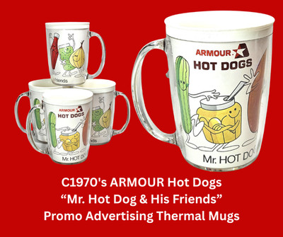C1970's ARMOUR HOT DOGS ''Mr. Hot Dog & Friends'' Promo Advertising Thermal MUGS