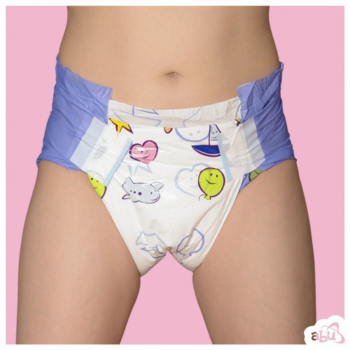 White ABU Cushies plastic backed diaper with colorful baby romper print including pink castle, blue boat, and yellow sun.