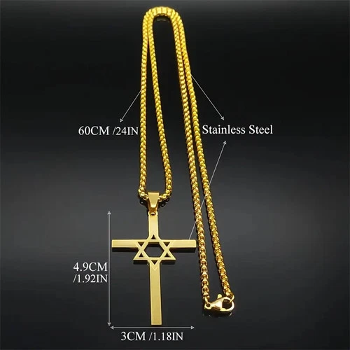 Fashion Stainless Steel Cross Pendant Necklace with Star of David Silvery - Picture 2 of 2