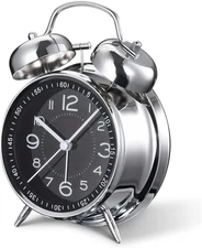 Loud Retro Alarm Clock for Heavy Sleepers, Silent Quartz Twin Bell (Black)