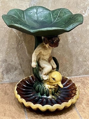 RARE! Antique Majolica of Cherub Atop Dolphin w/ Lily Pad Bowl & Shell Base