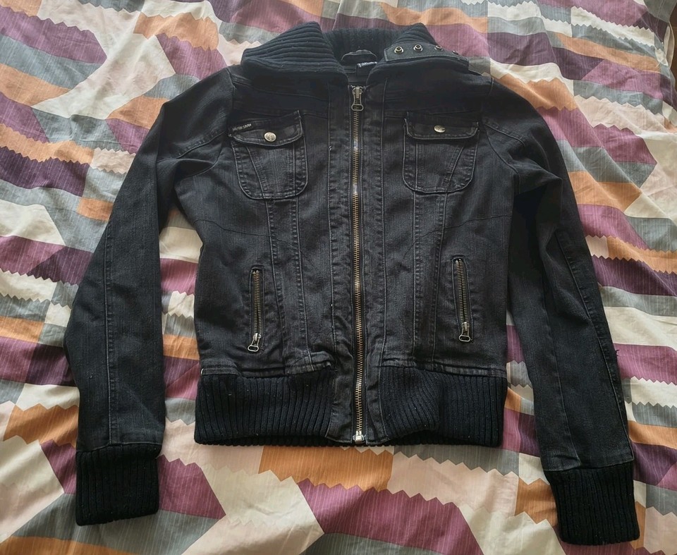 Refuge Black Bomber Jacket Womens Size 14 Cotton Blend Zip Short