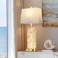 28" Capiz Shell Coastal Table Lamp, Bedside Lamp with Night Light, USB