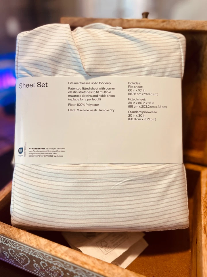 Juego de sábanas Twin/Twin XL nuevo juego de 3 piezas blanco gris a rayas microfibra - habitación esencial Foto 4 de 4