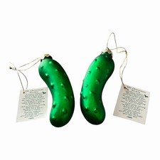 Lot of 2 Green Pickle Hand Blown Art Glass Ch...