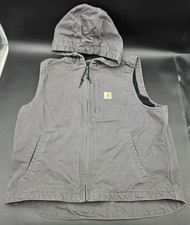 Carhartt Washed Duck Hooded Vest Fleece Lined Canvas Gray Mens Sz L Relaxed Fit