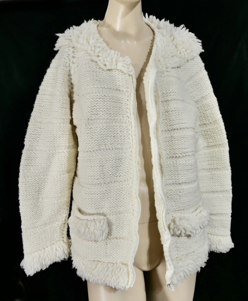 Suéter Chaqueta Ecuador Vintage Años 70 Mod Hippy Blanco Flecos Lavado a Máquina M/L Foto 3 de 4
