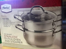 Parini 3.5 Quart Stainless Dutch Oven/Steamer W/ Tempered Glass LID New in Box!