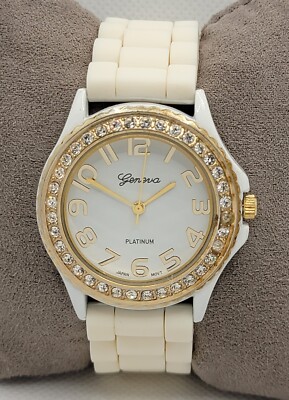 Ladies Geneva Platinum Round Gold Tone White Dial Rubber Band Analog Watch  F7