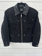 Vtg Black Leather Trim Full Zip Denim Jean Trucker Jacket Coat Womens Medium