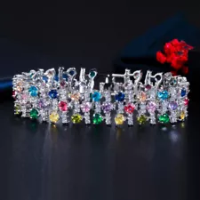 Silver Plated Colorful Cubic Zirconia Big Wide Tennis Bracelet for Women Wedding