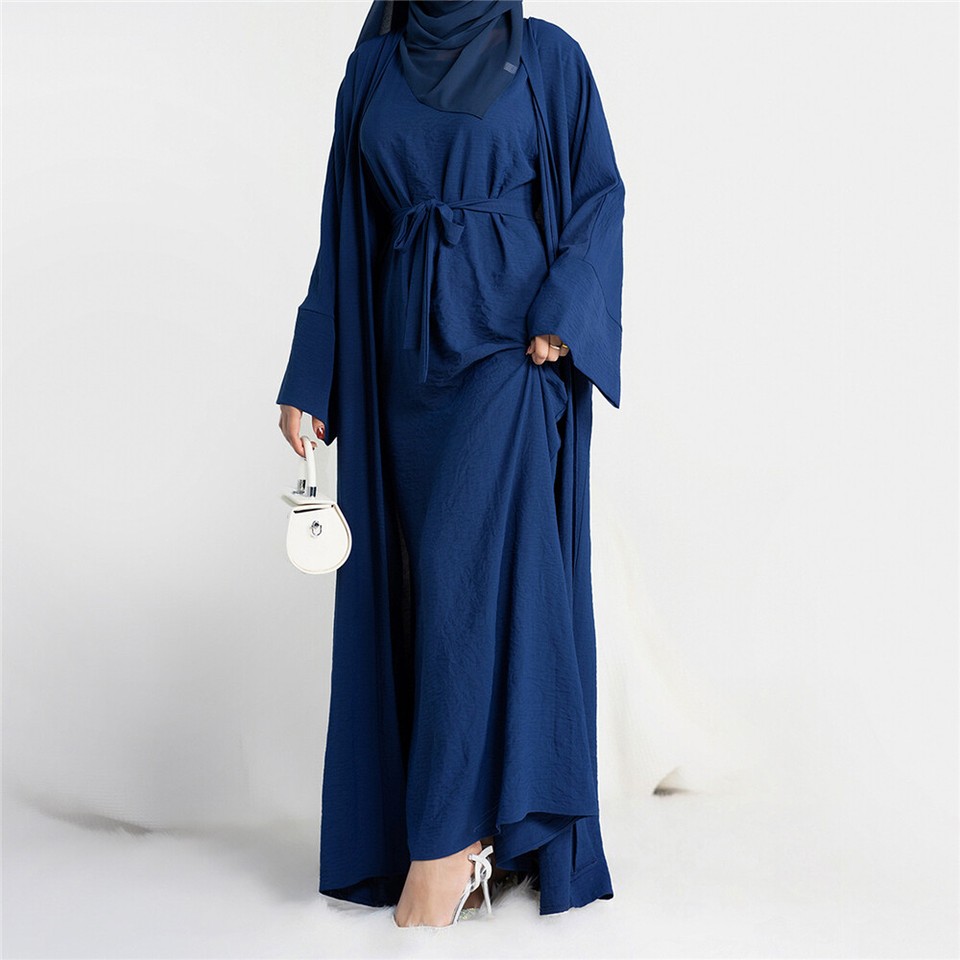 2 Piece Women Muslim Open Abaya Inner Dress Set Dubai Kimono Kaftan ...