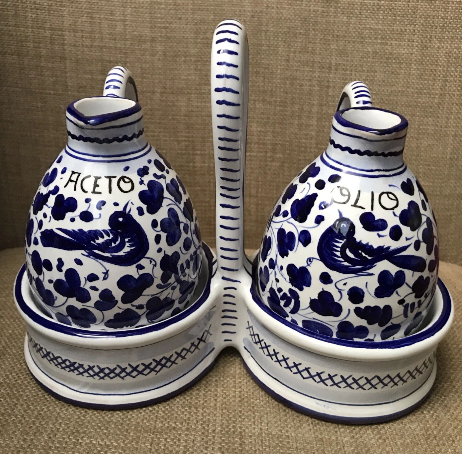 Fima Deruta Italian Pottery Blue White Oil & Vinegar Set w/Caddy Made In Italy