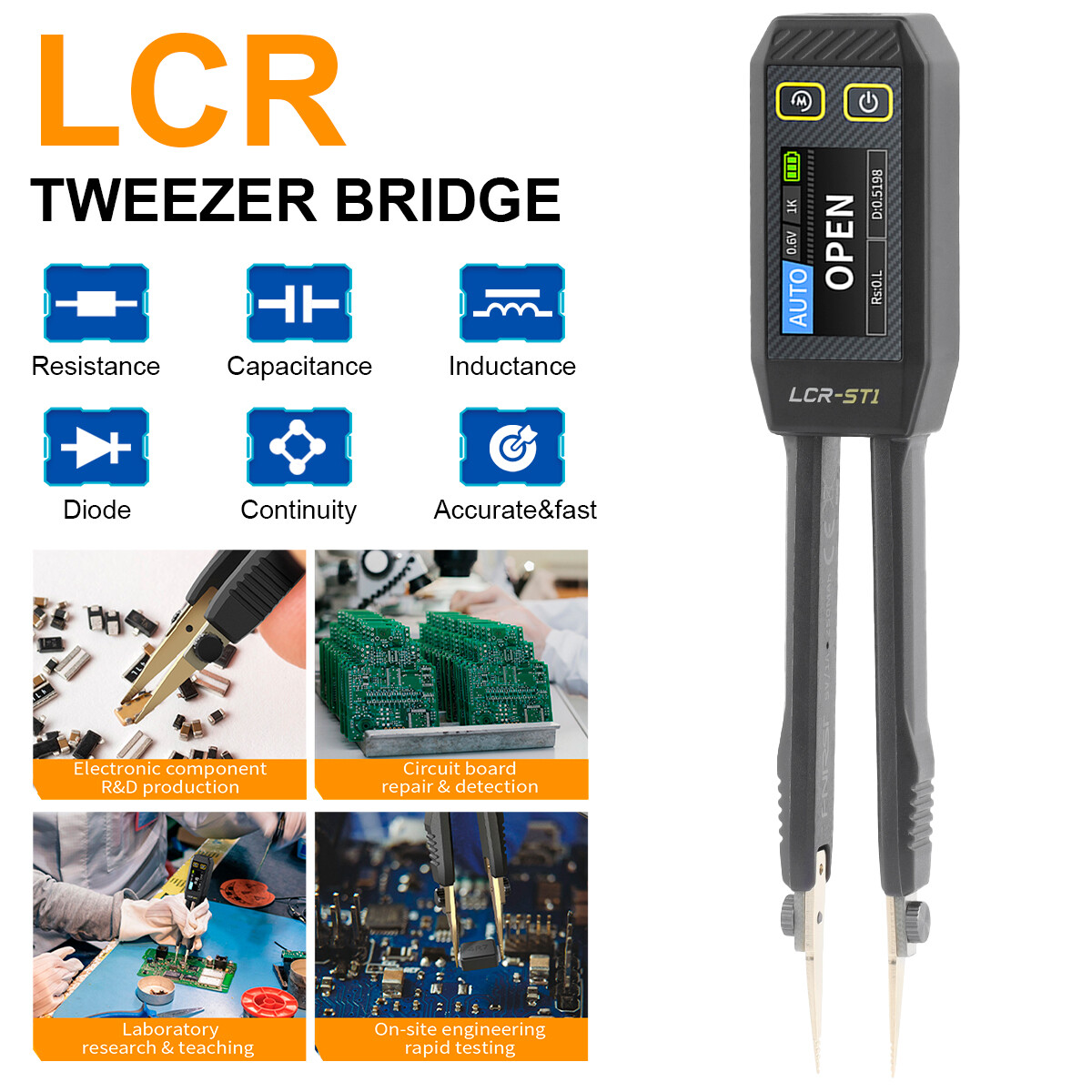FNIRSI LCR-ST1 Smart Tweezer LCR SMD ESR Tester Ohm Capacitance Diode Test NEW