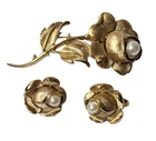 Crown Trifari Rose Faux Pearl Brooch Pin Earring Jewelry Set Gold Tone VTG 3 pcs