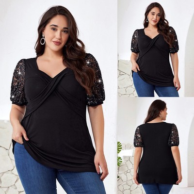 Übergröße Damen Kurzarm T-Shirt mit Spitzen & Pailletten, Elegant Tops Tunika DE