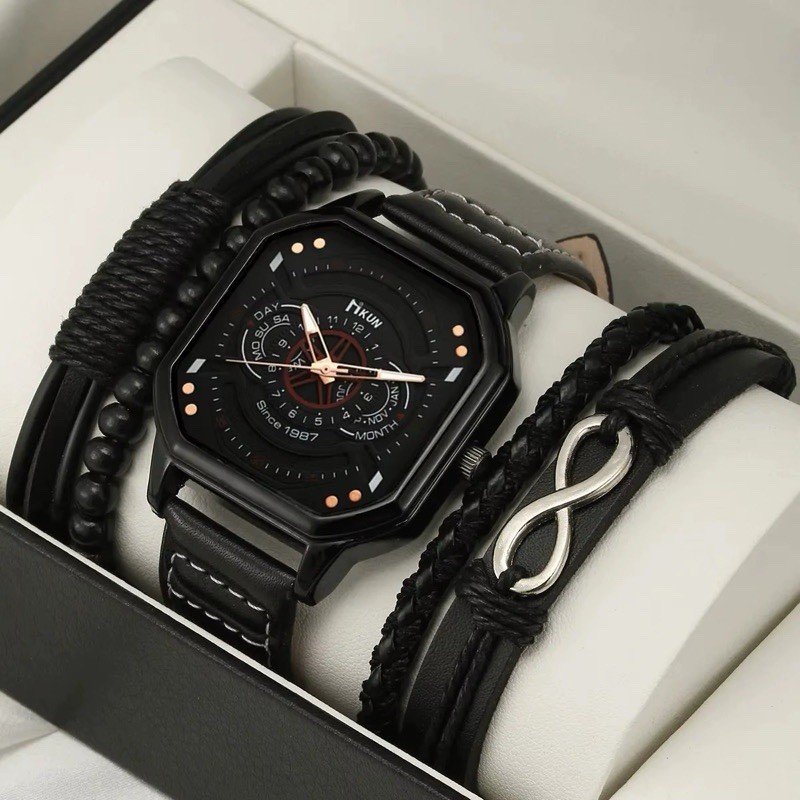 TIKUN Men's Quartz Wristwatch Black Octagon Case Day/Date Black Leather Strap