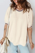 Beige Contrast Varsity Striped Neckline Cuffed Short Sleeve Loose Tunic Top