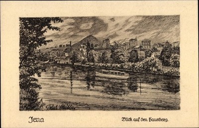 Artist postcard Rudi, Müllers, Jena in Thuringia, local mountain, pen drawing - 3646229