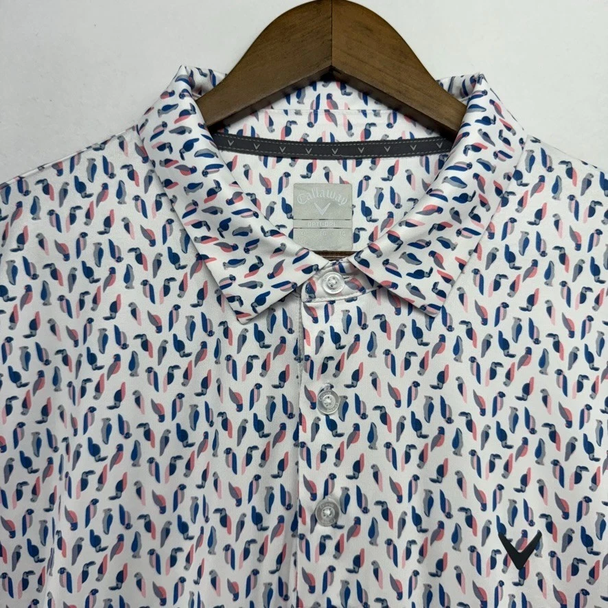 Camisa Polo Callaway Para Hombre XL Blanca Azul Rosa Loro Pájaro Todo Tecnología Golf Flex Foto 4 de 4