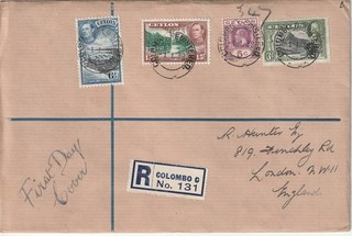 CEYLON: First Day Cover Registered FDC Colombo 1938.