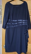 Navy Blue Sheath 3/4 Sleeve Knee Length Dress with Sequin Ruffle Accents