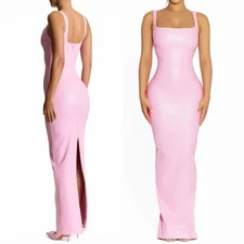 NWT Naked Wardrobe Pink Faux Leather Maxi Tank Dress Size Medium Fitted Bodycon