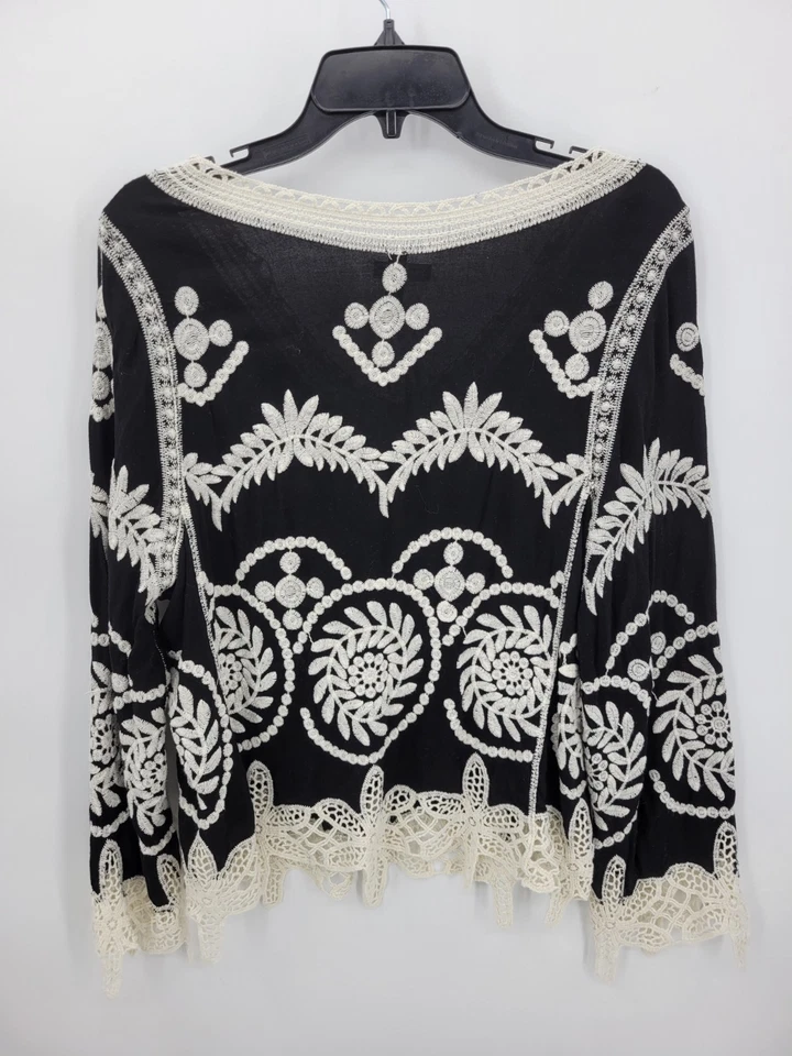 Top de lapislázuli para mujer grande negro marfil bordado cuello en V boho campesino popover Foto 2 de 4