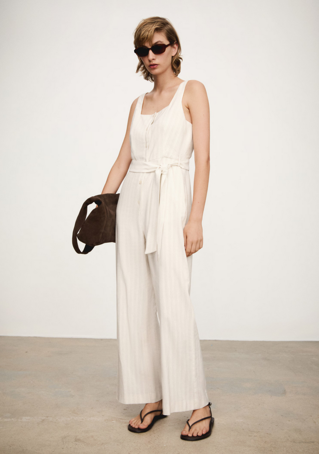 NWT MANGO MNG $100 OFF WHITE STRIPED COTTON LINEN BLEND JUMPSUIT SZ S SMALL