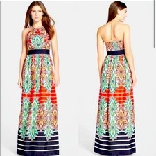 Eliza J Womens Red Blue Paisley Medallion Gold Chain Halter Maxi Dress Size 4