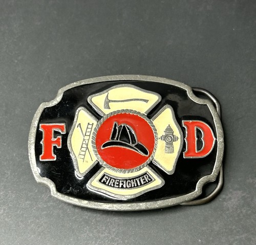 Firefighter FD Belt Buckle Enamel & Antique Brushed Silver Metal