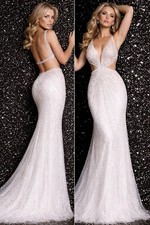 Jovani white heat-stone rhinestone side cut out gown  JVN 25846A  Nwt