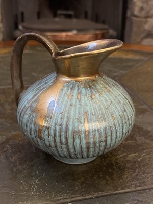 Midcentury Modern Drip Glaze Pottery Pitcher Blue Green Bronze 6'' Marked 451
